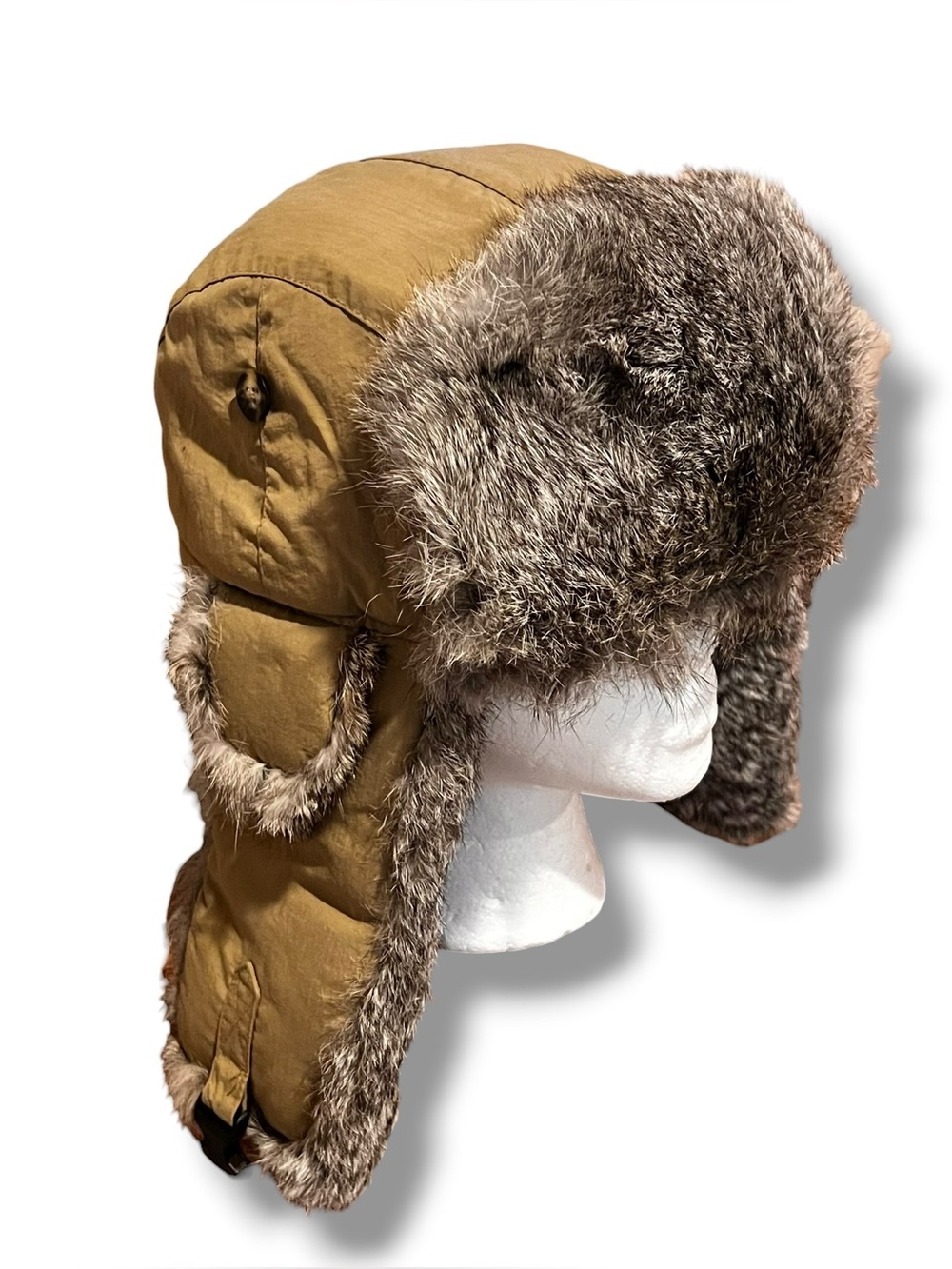 Lil Mad Bomber Hat Youth Khaki Tan/olive Rabbit Fur Ear Flaps Front Trim  XL D-7